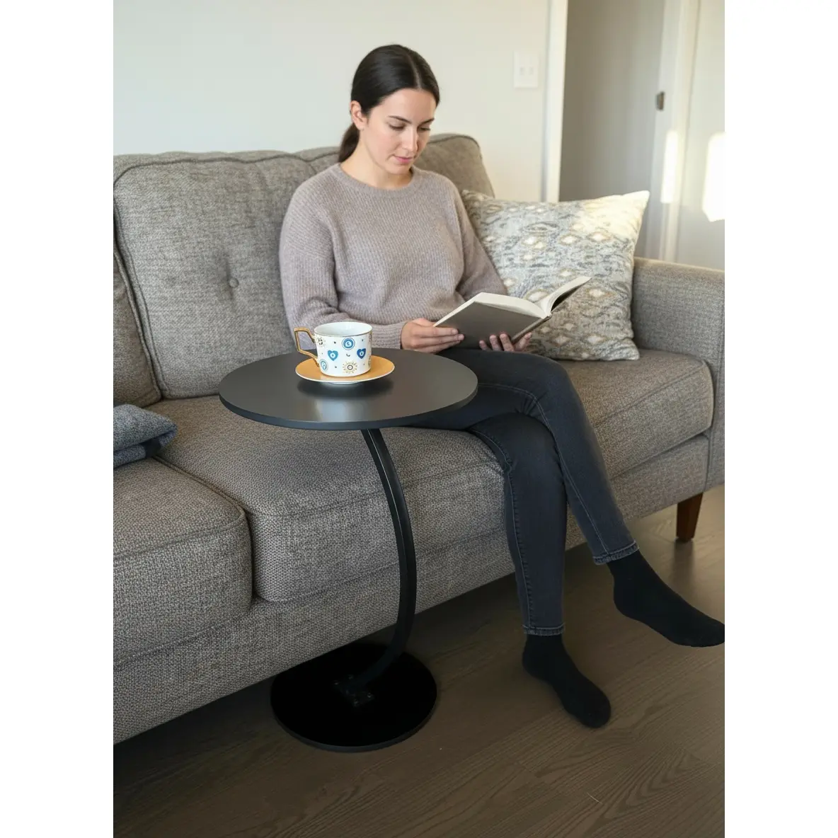 Black Modern C-Shaped Side Table - Sofa Laptop Desk for Small Spaces Living Room End Table Food Stand wood