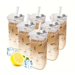 portable drinking cup, 1/2/4/6 counts unique rectangular high borosilicate glass mug with lid and straw, durable shatter-resistant and versatile for hot or cold beverages, perfect for on-the-go use