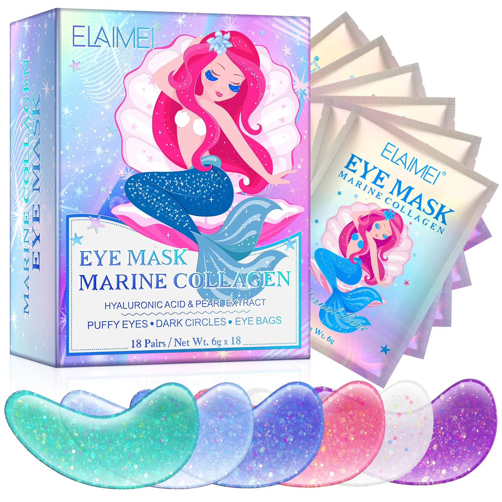 Elaimei Eye Masks Under Eye Patches (18 Pairs) - Pearl Eye Gels Mask that Reduce Wrinkles, Puffy Eyes, Dark Circles, Eye Bags with Natural Marine Collagen Skin Care Product Peptides Caffeine Eyecorrector Temporary Eye Tightener