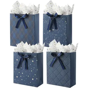 4 Pack 9" Medium Size  Bags Assorted  Blue  Bags with Tissue Paper Use for Birthdays,  Shower,weddings,Party Favor, Holiday Presents-7" X 4" X 9"