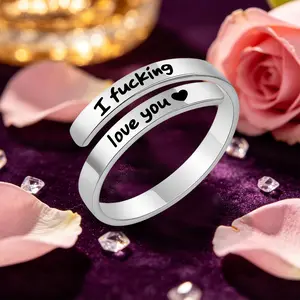 I Fcking I Love You Ring For Women, Adjustable Stainless Steel Engraved Heart Spiral Wrap Twist Vintage Promise Rings To My Girlfriend/Wife Birthday Gifts Jewelry