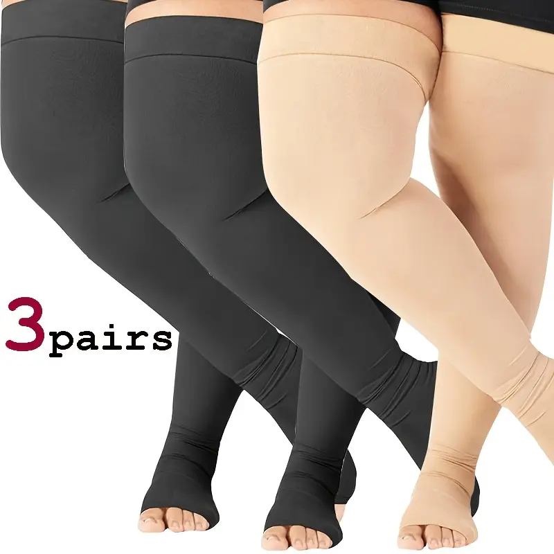 3 Pairs Plus Size Open Toe Over-the-Knee Compression Socks, Half-Toe Long Leg Support Stockings Available in 2XL, 3XL, 4XL, 5XL, 6XL, 7XL, Wide Fit Long Compression Socks, 2XL-7XL Thigh High Support Socks