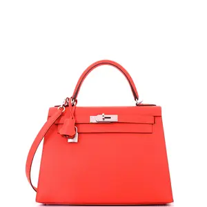 Pre-owned HERMÈS Leather Top Handle Bags Hermes Kelly Handbag Capucine Epsom with Palladium Hardware 28 by Rebag