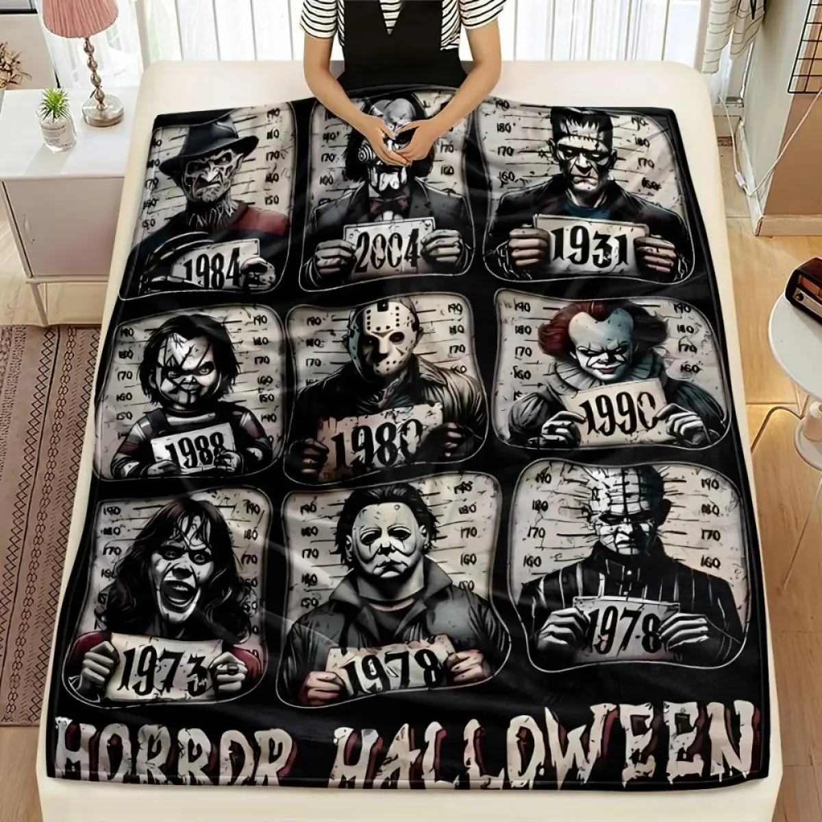 Custom Flannel Blanket - Viral Horror Movie Characters Mugshot Design, Spooky Halloween Aesthetic, Iconic Villains & Year Details, Bold Black-Grunge Style, Soft Warm Textile, High-Quality Seasonal Essential for Horror Fans (Decor/Gift, Customizable), Cust