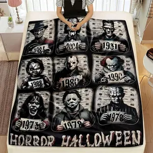 Viral Horror Movie Characters Mugshot Flannel Blanket, Spooky Halloween Aesthetic with Iconic Villains & Year Details, Bold Black/Grunge Design, Soft Warm Throw for Horror Fan Decor & Gift, High-Quality Seasonal Essential