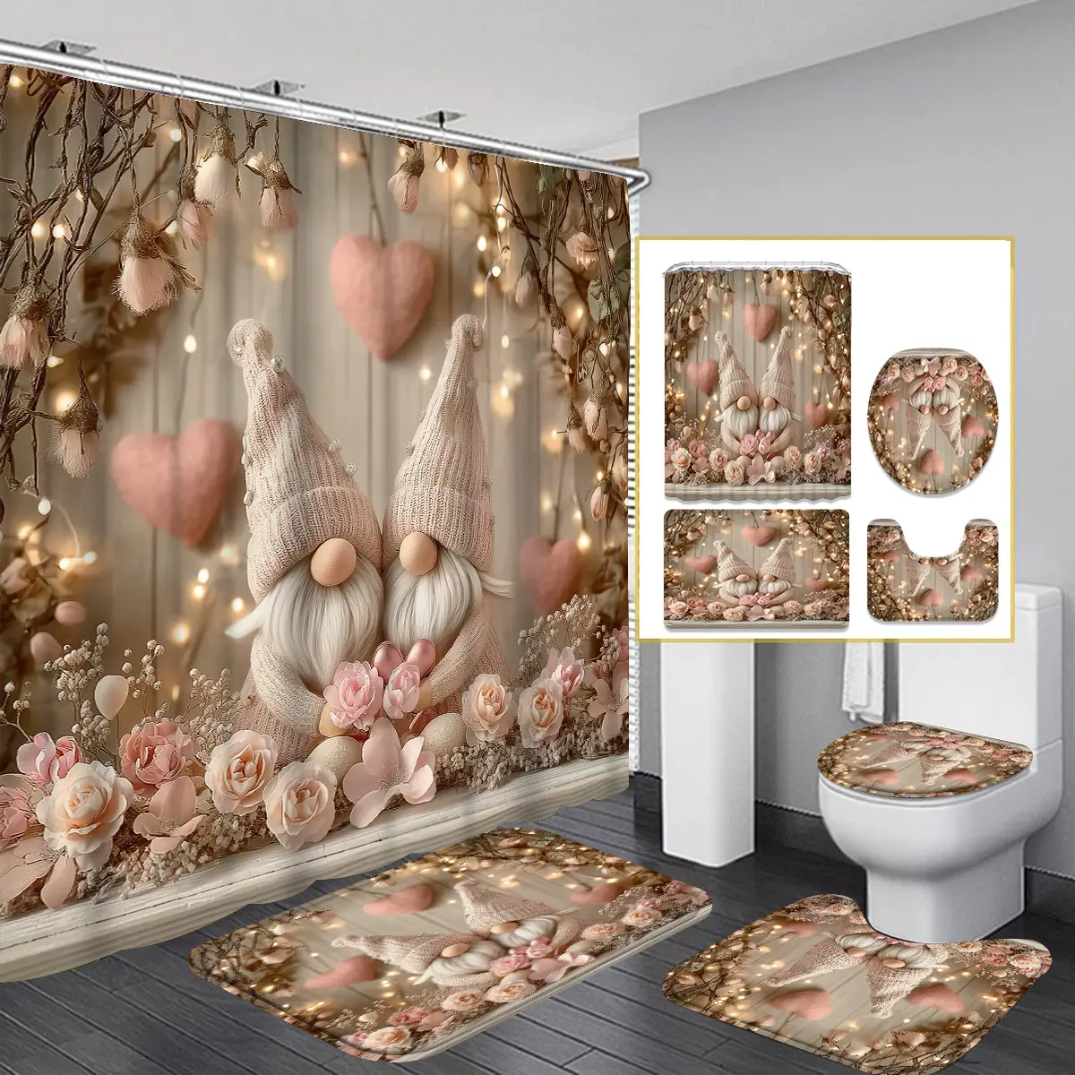 1/4pcs Mother's Day Theme Shower Curtain Set, Heart, Flower, Gnome Pattern Decorative Pink Valentine's Day Shower Curtain, Polyester Washable Fabric Shower Curtain with 12 Hooks, Bathroom Anti-slip Mat, U-Shaped Floor Mat and Toilet Seat Cover,family