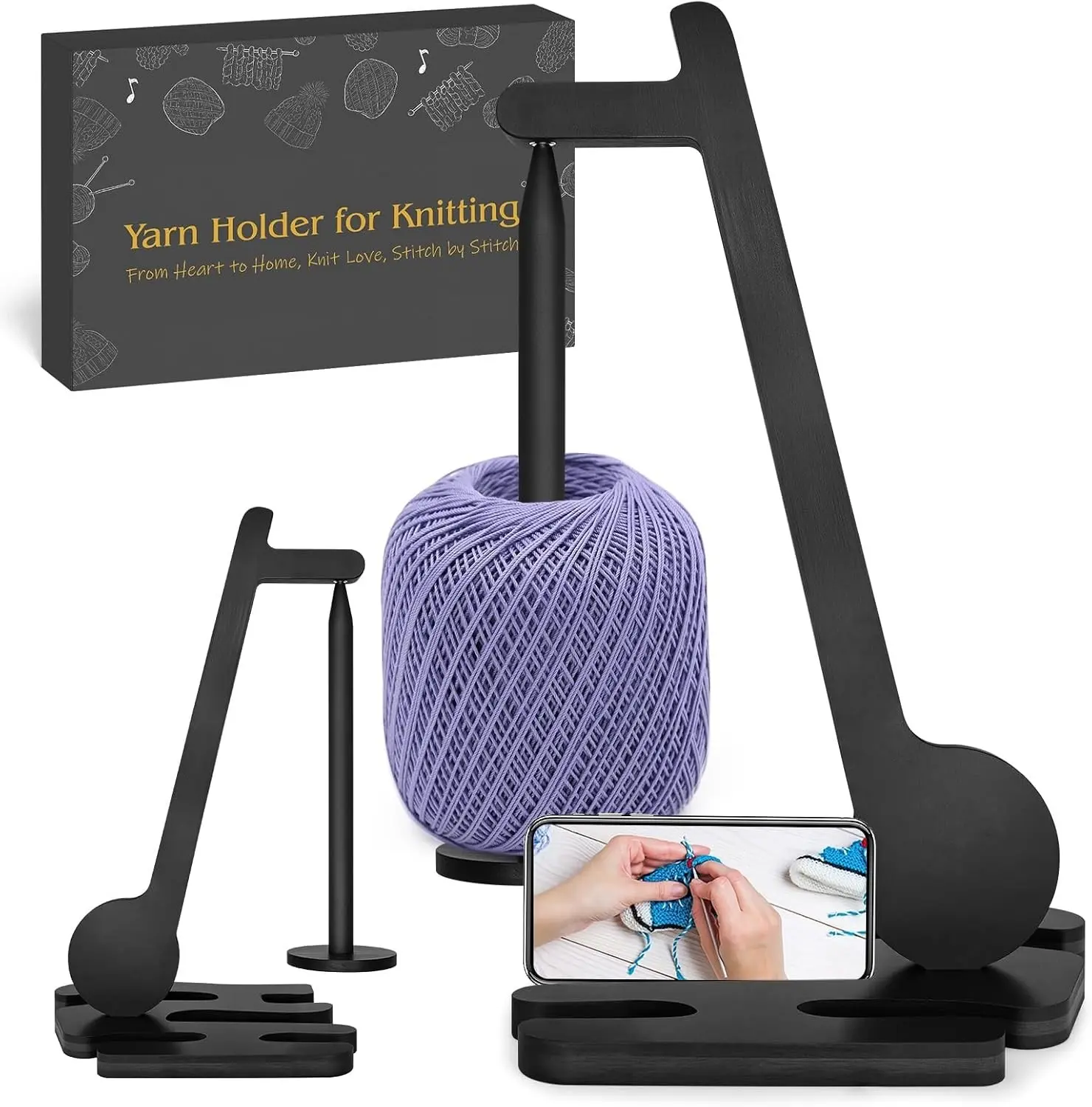Yarn Holder for Crocheting - Wooden Magnetic Yarn Holder Spinner for Knitting - Unique Gifts for Mother Day Crochet Lovers, Music Lovers, Christmas, Birthday - Black Gift