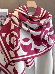 Autumn Winter Fashion Camellia Print Decorative Scarf, Long Generous Length Warm Versatile Wrap Shawl, Ideal for Career Outdoor Travel Dating Decoration
