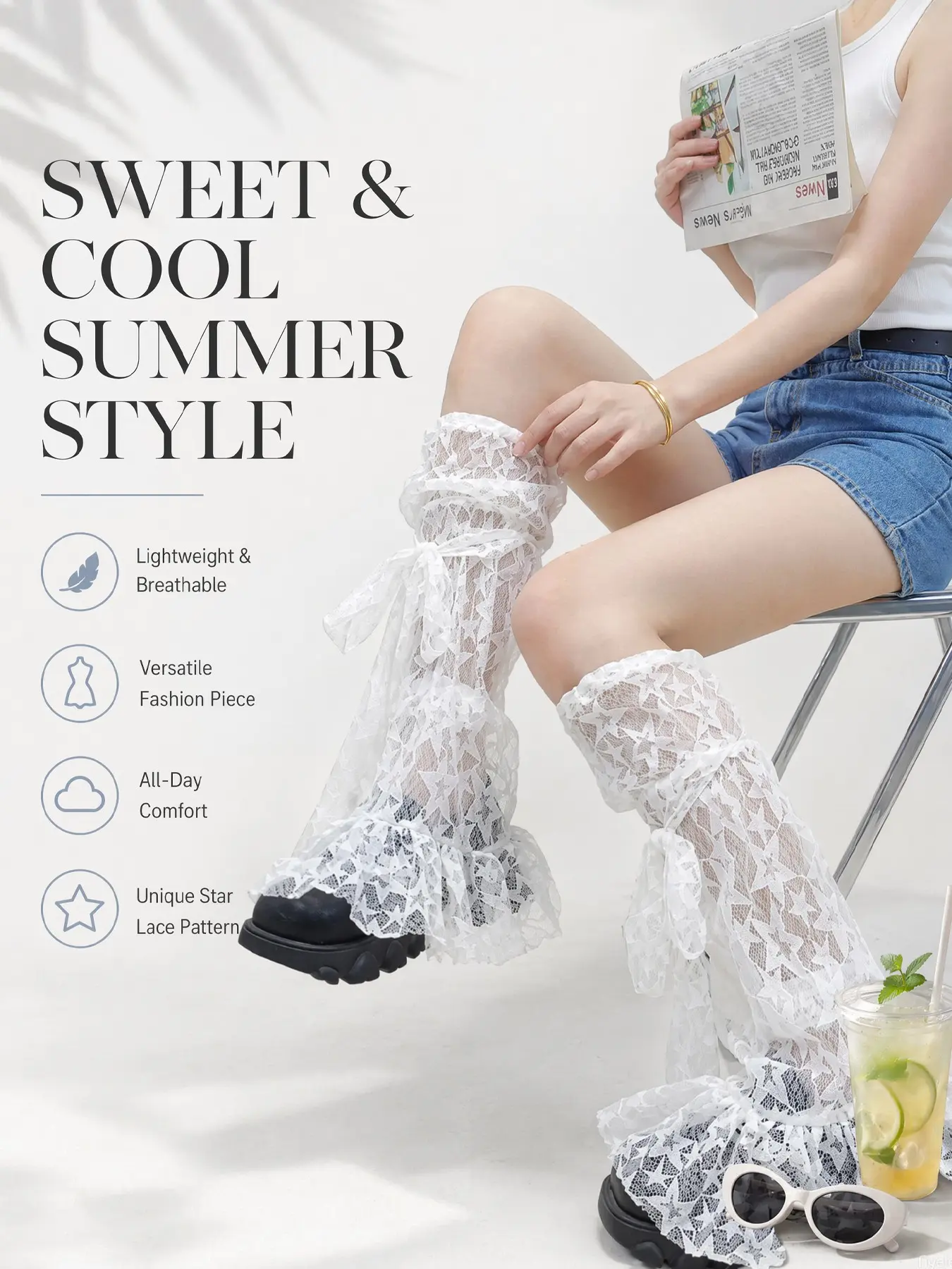 Women's Y2 Unique Lolita Star Fringe Bow Breathable Socks, Comfortable and Versatile, Perfect for Summer, Casual Fitted Style