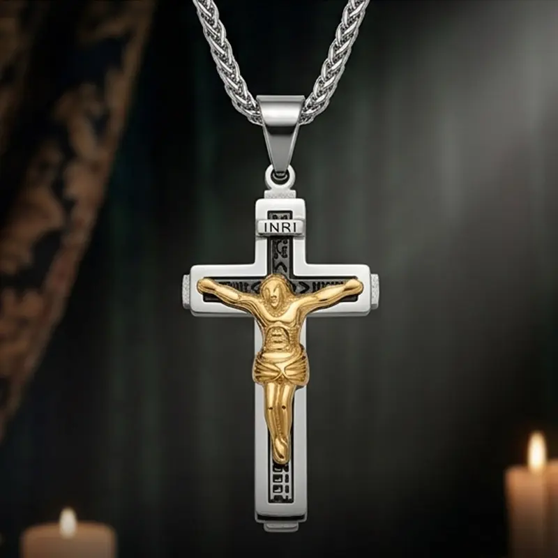 Men's Minimalist Stainless Steel Cross Necklace with Inscriptions, 60cm Long Length Chain, Durable & Fade-Proof Accessory, Stainless Steel Necklaces, Crucifix Necklaces