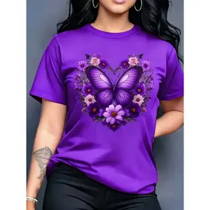 100% Cotton Women's Purple T - Shirt Butterfly And Floral Heart Graphic Tee Nature - Inspired And Elegant Top With 10 Colors Available For Casual Daily Wear Outings And Fashion - Forward Style Statements