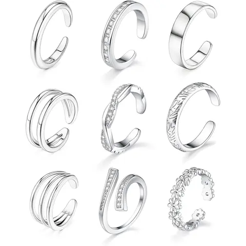 Women's 9-Pc Style Mix Silver Tone Toe Rings Set, Copper Base Adjustable Open Band Jewelry with CZ, Floral, Spiral, Double-Triple Designs, Stackable, Easy On/Off, Dualtone Sparkle for Daily Wear Summer Beach