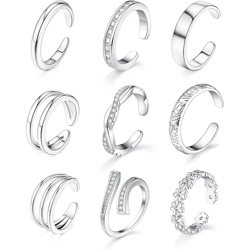 Women's 9-Pc Style Mix Silver Tone Toe Rings Set, Copper Base Adjustable Open Band Jewelry with CZ, Floral, Spiral, Double-Triple Designs, Stackable, Easy On/Off, Dualtone Sparkle for Daily Wear Summer Beach