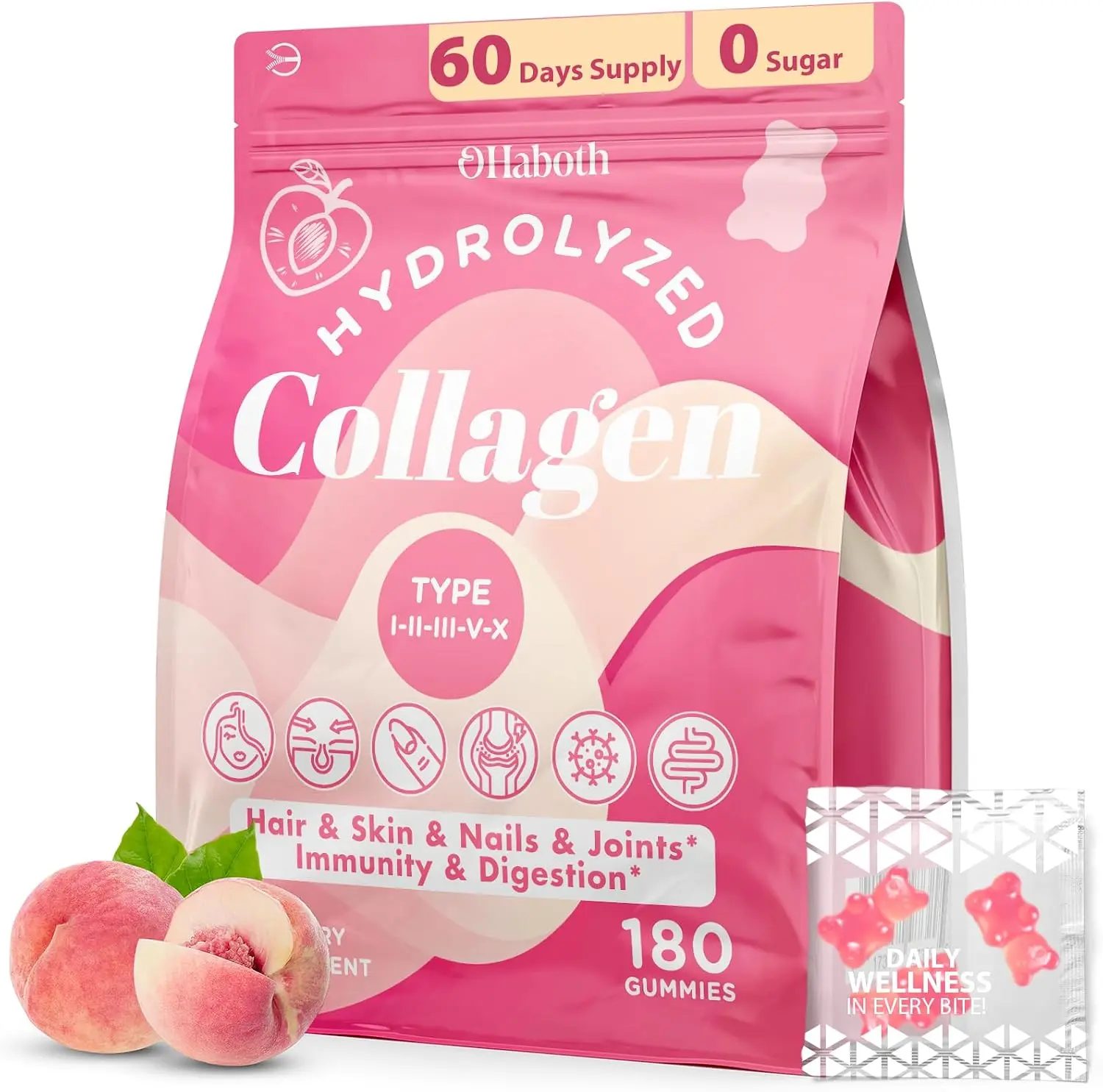 Women's 0-Sugar Hydrolyzed Collagen Gummies - Type I,II,III,V,X Peptides, Dietary Healthcare Supplement for Skin, Wrinkles, Hair, Nails, 60 Days Supply