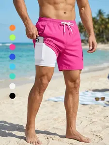 Mens 2 in 1 Board Shorts with Phone Pocket, Summer Casual Beach Shorts, Quick Dry Swim Shorts Swim Trunks with Side Pockets Drawstring Elastic Waistband Swimwear Swimsuit Bathing Suit