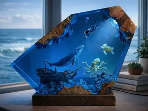 3D Ocean Resin Sculpture Whale Diver Shipwreck Diorama Wood Base Coastal Home Decor Nautical Art Piece Unique Gift for Sea Lovers Desk Shelf Decoration