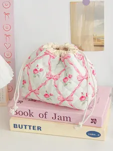 Cute Butterfly Knot Drawstring Makeup Bag, Makeup Storage Bag, Large Capacity Lipstick Organizer, Portable Travel Cosmetic Pouch, Beauty Storage Pouch, Flower Pattern