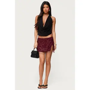 Chiffon Sequin Bead Fringed Mini Skirt