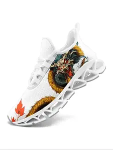 Men's Dragon & Maple Leaf Print Lace Up Low Top Sneakers, Casual Comfortable Breathable Sports Running Shoes, Gym Training Sport Walking Shoes