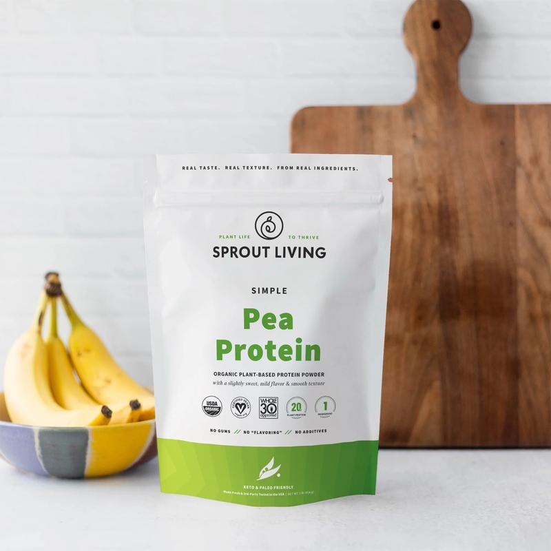 Sprout Living Simple Pea Protein Organic Unflavored Plant-Based Powder 20g Protein Per Serving Hypoallergenic Low FODMAP Keto Paleo Friendly US