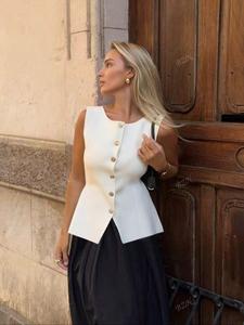 women's plain metal button design sweater vest, chic fitted casual sleeveless round neck knit top for spring, fashion elegant women's knitwear for daily wear