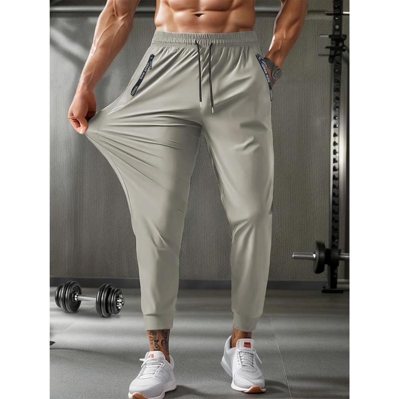 Men's Sporty Joggers Pants - Elastic Waist Activewear, Breathable Polyester Running Pants with Utility Pockets, Machine Washable, Plus Size, for Spring, Available in Grey & Khaki