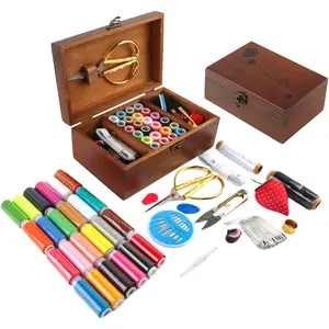 Mother's Day Gift Sewing Kit for Adults Wooden Sewing Box with Scissors Thimble Needle Cushion Seam Ripper Retro Wooden Sewing Basket Sewing Supplies for Beginners