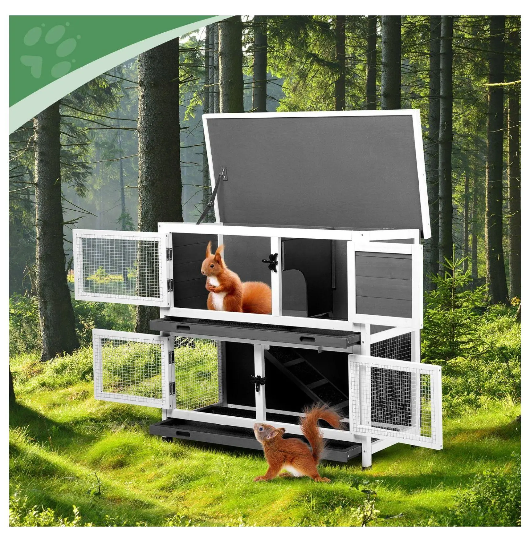 Rabbit Hutch 2 Story Solid Wood Bunny Cage - Indoor Outdoor Pet House for Guinea Pigs & Small Animals, 2 Removable Trays, Grey default title