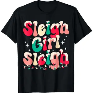 Sleigh Girl Sleigh Christmas Retro Xmas Holiday T-Shirt, 100% Cotton, Single Side Printed, Black Short Sleeve T-shirt, 1 pc, Christmas Halloween Thanksgiving Gift