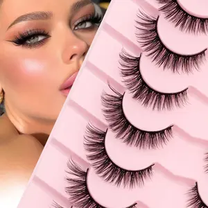 Plush False Eyelashes 12mm 3D Curled Long Dense Dramatic Style Synthetic Fiber Fake Mink Fur, 7 Pairs Set for Daily Wear Fluffy False Eyelashes