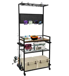 Fishing Rod Holders 3-Tier Rack for Garage, Holds 12 Rods, Iron & Wood, Black