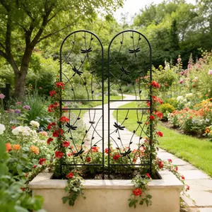 Metal garden pergola, measuring 86.7 inches x 19.7 inches, rust-resistant galvanized metal frame, used for climbing plants, outdoor flower support structure, with dragonfly decoration.