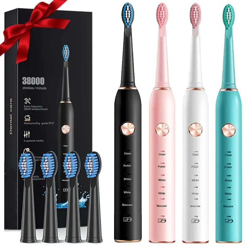 Adult Sonic Toothbrush Set, Includes Main Body & 4 Replacement Heads, 5 Cleaning Modes, High Frequency Vibration, Perfect Gift