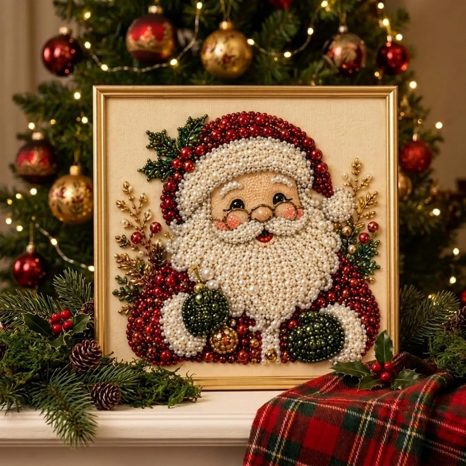 Christmas Pearl Diamond Painting Kit with Frame for Adults & Beginners, DIY Diamond Art Craft Set for Home Wall Decor, Relaxing Holiday Craft Project