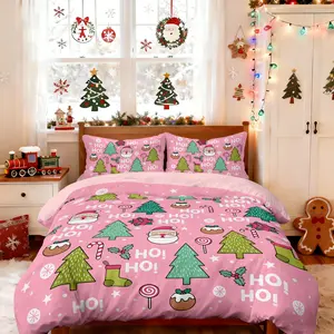 Christmas-themed 3-piece bedroom bedding set (1 duvet cover + 2 pillowcases, no insert) in pink with Santa Claus, Christmas tree, snowflake, and candy cane prints. A soft and comfortable bedding set suitable for room decor and as a gift.