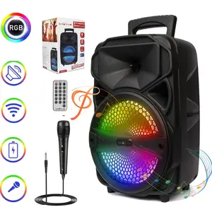 Portable FM Radio Bluetooth Party Speaker 8 inch Subwoofer System With LED Lights Microphone Remote Control