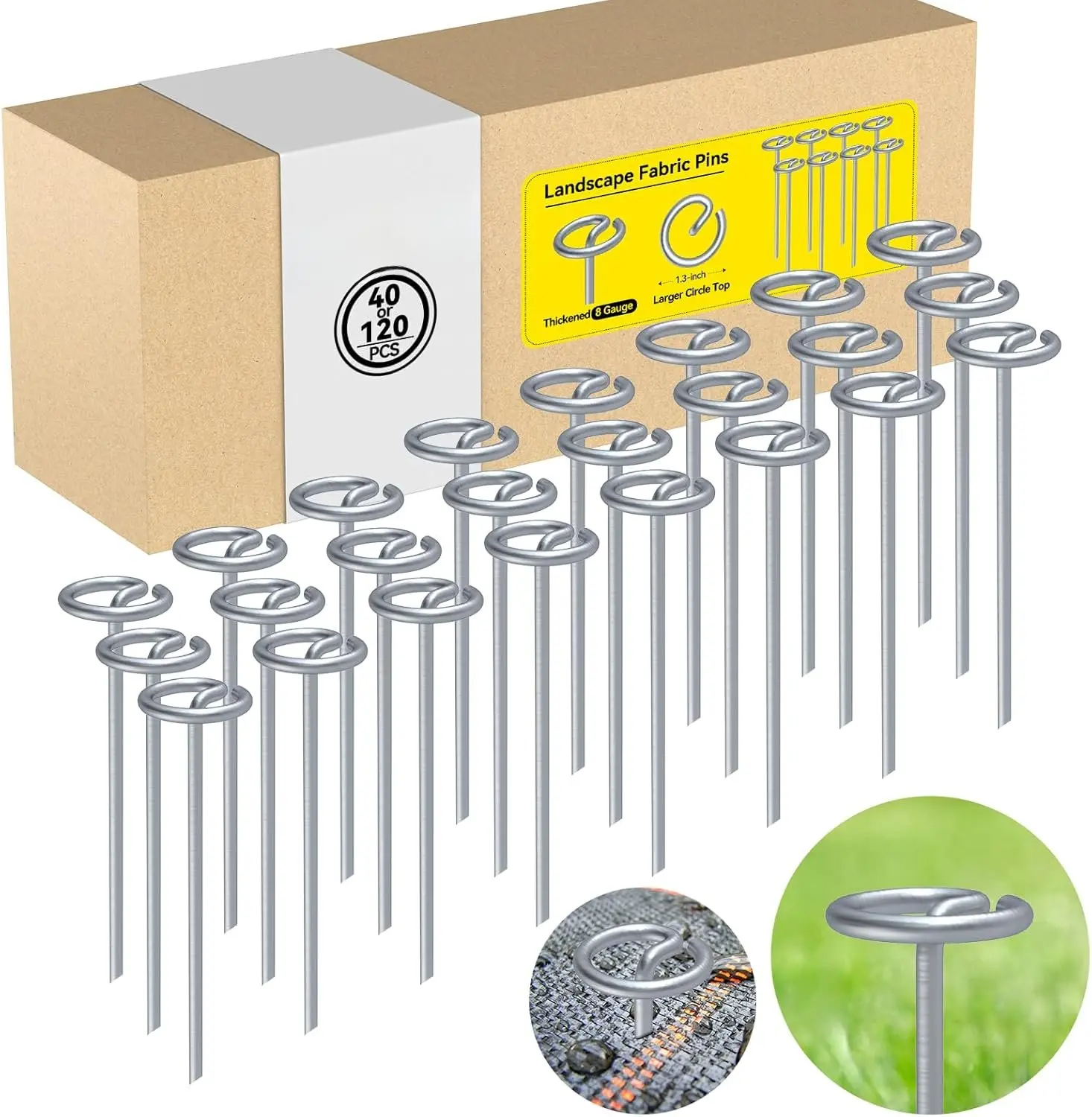 Landscape Fabric Pins, Thickened 8 Gauge Circle Top Landscape Pins, Not Easy to Bend 6 inch Galvanized Landscape Fabric Stakes, More Holding Power Than U-Shape Garden Staples (40)