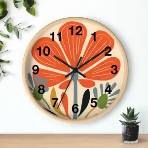 Orange Flower Wall Clock Wooden Base Black or White Hands Decor Gift Metal