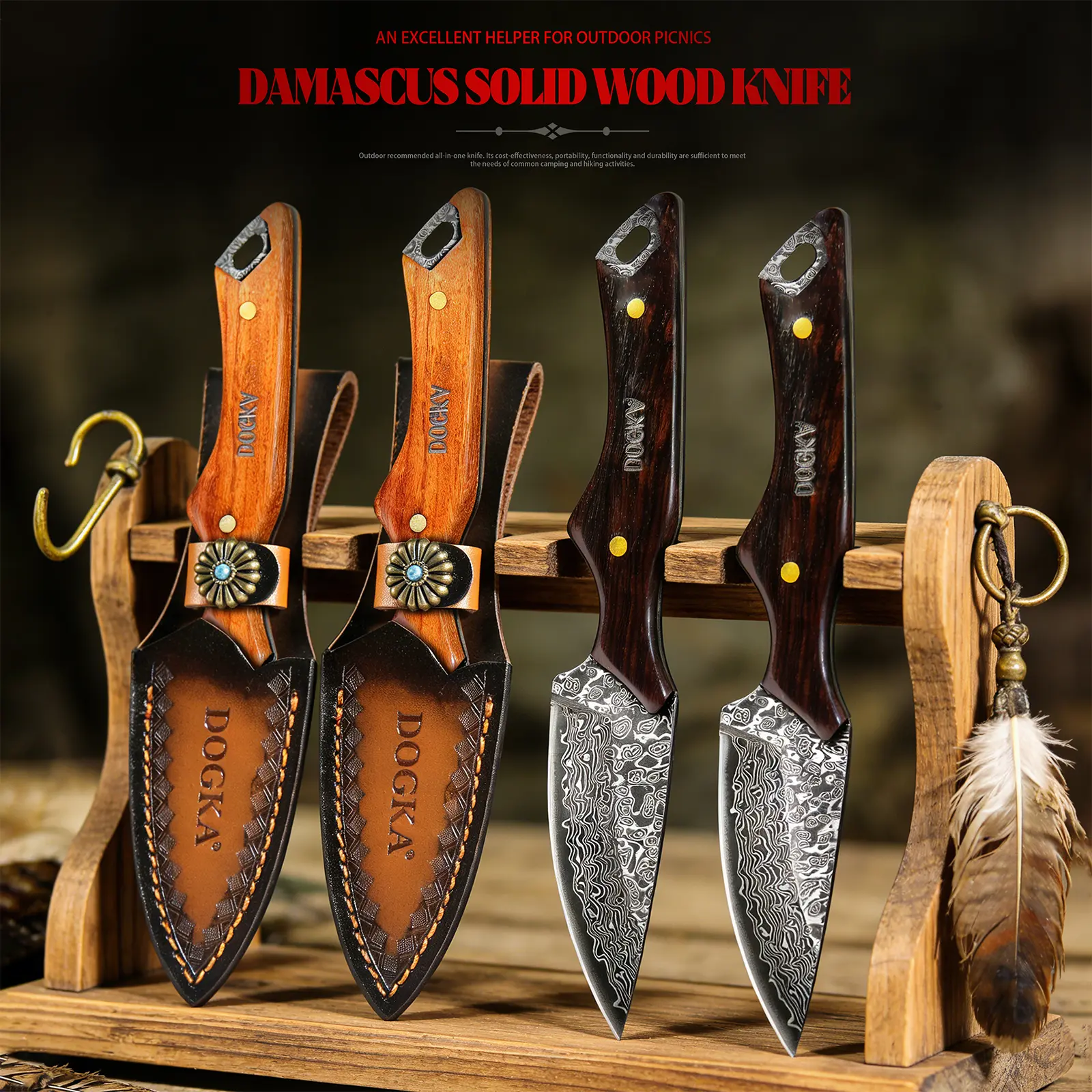 Outdoor Camping Knife - Damascus Steel Sharp Blade, Ash Wood Handle with Natural Hand-Textured Comfort, Emergency Survival Gear for Camping, Hunting Tasks, Outdoor Camping Knives