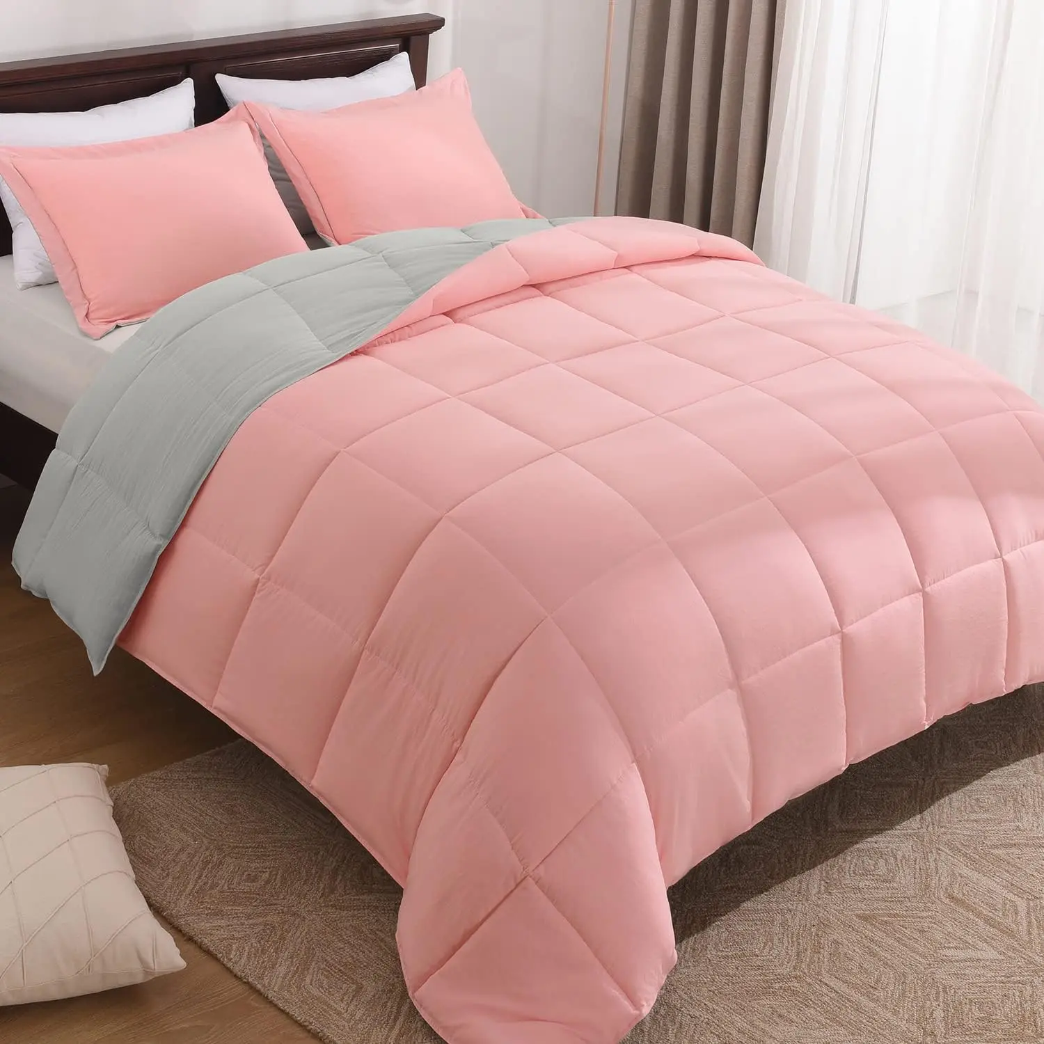 Queen Comforter - Fluffy Comforter Queen for All Seasons - Pink Comforter Queen for Mens - 3 (1 Comforter + 2 Pillow Shams) - Pink/Grey