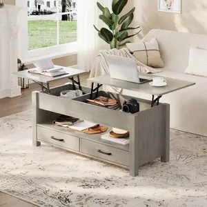 Garvee 47.2" Multi-Function Lift Top Coffee Table with Storage,Convertible Wooden Tabletop with 2 Drawers & Hidden Compartment, Central Table for Living Room, Home Office, Gaming & Sofa, Easy Assembly