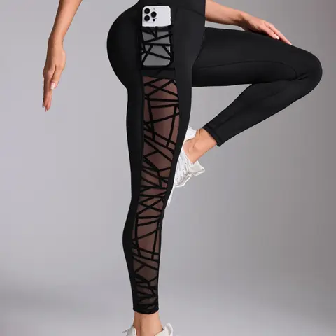 Women's Contrast Mesh Sheer Cut Out Leggings, Casual Comfy Breathable Skinny Pants for Yoga Gym Workout, Ladies Bottoms, Activewear Bottoms for All Seasons, Fitness Bottoms