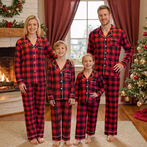 2pcs Matching Family Christmas Pajamas Set Long Sleeve Holiday Warm Sleepwear Couple Button Down Pjs Set ,  Long Sleeve Shirt with Pants Plaid Sleepwear Loungewear