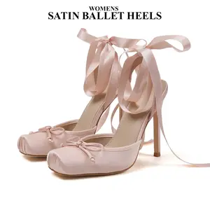 CYNLLIO High Heels for Women Closed Square Toe Stiletto Satin Ballet Heels Bow Design Lace Up Ballerina Dress Heeled Sandals for Party Date Outdoor Events Cosplay Ankle Starp Slingback Pumps Spring Mary Janes Ballerina Heel Shoes
