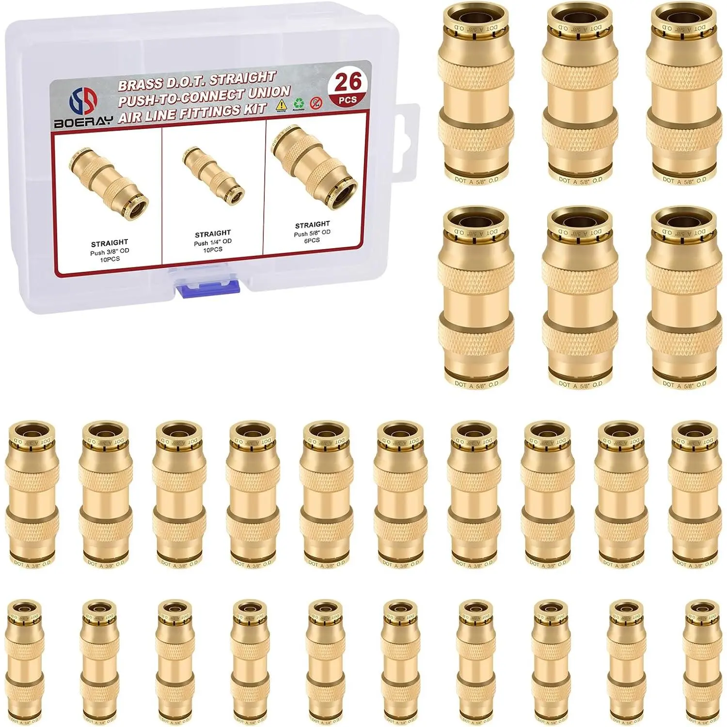 26pcs Quick Connect Brass DOT Air Line Fittings Straight 1/4" 3/8" 5/8" Tube Push to Connect Fittings Air Suspension Fittings Straight Air Brake Push Lock Pneumatic Air Hose Fitting