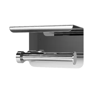 Self Adhesive Toilet Paper Holder with Phone Shelf SUS304 Stainless Steel Wall Mounted Toilet Paper Roll Holder - Rustproof and Bathroom Washroom Tissue Roll Holder with Storage Shelf - Silver