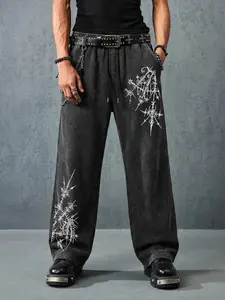 Men's Washed Vintage Drawstring Pants, Casual Lounge Pants, Casual Fitted Long Trousers, All Seasons Random Print, Comfortable and Stylish, Casual Comfy Trouser