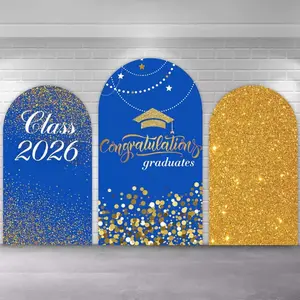 Blue Gold Graduation Arch Covers Stretchy Backdrop, Class of 2026 Congratulations Graduates Design, Perfect for Graduation Party Photo Backdrop
