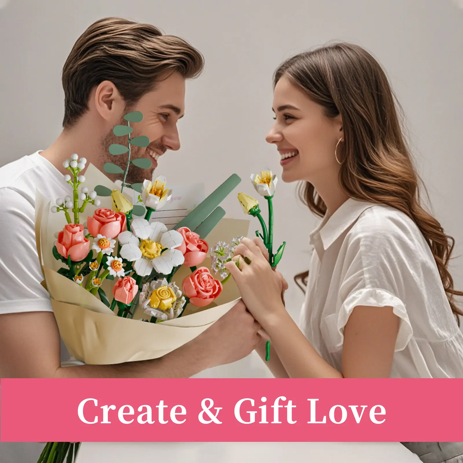 Flower Bouquet Building Blocks Kit - 864-Piece DIY Ornaments with Rosa Chinensis, Starry Sky Plants, Decorative Flowers, Wrapping Paper for Wedding Home Decor Graduation Gift Versatile Decor