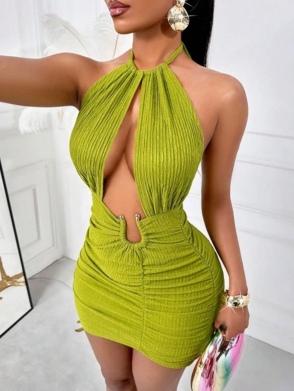 Sexy Backless Bodycon Mini Dress, Ruched Hollow Out Party Dress, Summer Night Out Outfit